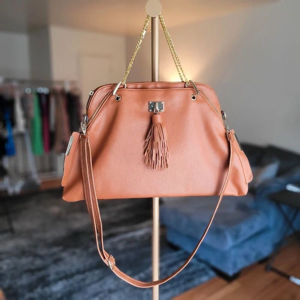 Stylish Cognac Brown Shoulder Crossbody Bag with Tassel Detail Gold Chain